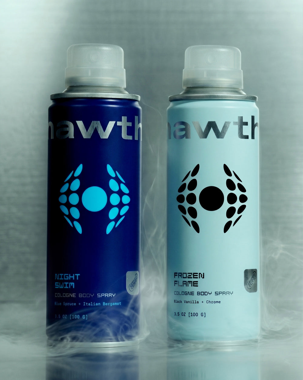 The hawthorne.momlogne Body Spray Duo features two cans—Night Swim (blue) and Frozen Flame (light blue)—standing side by side against a misty background.