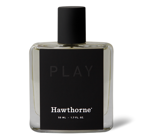 A 50 ml bottle of hawthorne Aromatic and Woody Play Cologne with a black label and cap.