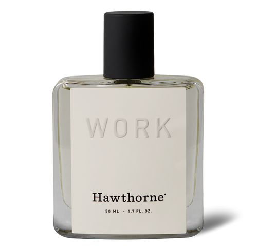 A clear glass bottle of hawthorne Warm and Aromatic Work (Double Dare) Cologne with a black cap and a white label displaying the brand and scent name.